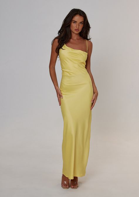 Ava Midi DressMidi lengthAsymmetrical necklineElastic back Fully lined 100% PolyesterModel wears a size 8 Women Robe, Formal Maxi Dress, Yellow Bridesmaid Dresses, Grade 10, Backless Maxi Dress, Wedding Women, Maxi Dress For Women, Yellow Bridesmaids, Yellow Maxi