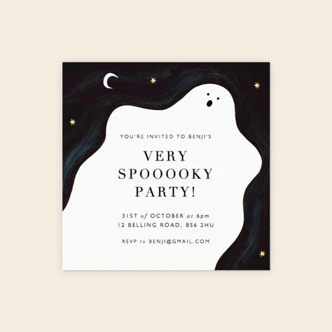 Customizable Spooky Ghost Party Invitation designed by Papier. This flat invitation printed on white Mohawk paper with a matt, eggshell finish. The invitation measures 5. 25" x 5. 25" and can be fully customized. Halloween Layout, Ghost Party, Unique Birthday Cards, Halloween Flyer, Party Invite Design, The Invitation, Graph Design, Halloween Party Diy, Spooky Ghost