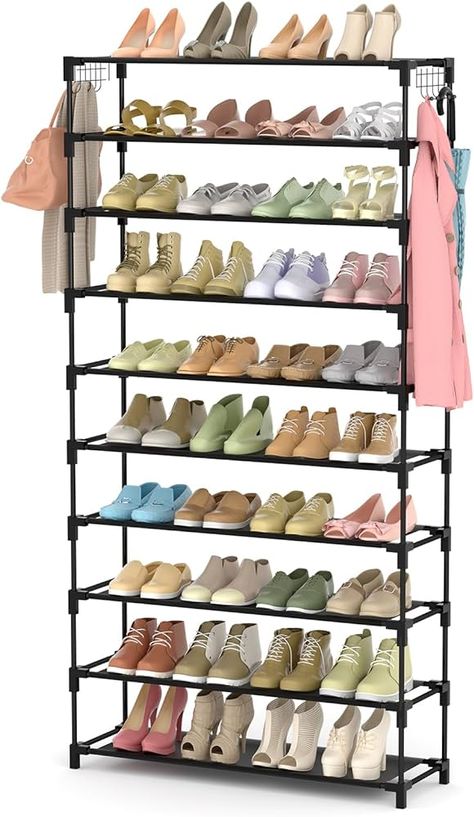 【Large Capacity 10 Tier Wide Shoe Rack】The 10 tier shoe organizer can store up to 50 pairs of adult shoes, and you can remove one layer to fit long boots. This shoe organizer is not only suitable for shoes, but also for bags, toys, towels, sundries, books, plants and small accessories. Shoe storage with 10 hooks, you can hang keys, umbrellas, bags, etc., very practical design. 【Sturdy Material & Compact Structure】The tall shoe rack is made of durable waterproof non-woven fabric layers, reinforc Storage For Garage, Garage Shoe Storage, Tall Shoe Rack, Industrial Shoe Rack, 2 Tier Shoe Rack, Large Shoe Rack, Garage Entryway, 4 Tier Shoe Rack, Metal Shoe Rack