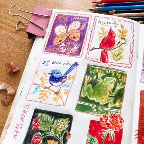 Some vintage stamp doodles from last Wednesday‘s Scribble Brigade livestream with lovely @sophiemcpike 🧡💛❤️ . The slightly unhinged tiger turned out to be my favorite 🐅 (We had 3 minutes for each or these - that’s when the most fun things happen, when you gotta be quick 😉) . Done in colored pencils ✏️ . #coloredpencils #coloredpencilart #illustrationsketch #sketchbooking #vintagestamps Colored Pencil Watercolor, Color Pencil Doodles, Colored Pencil Sketchbook, Colored Pencil Doodles, Stamp Doodle, Vintage Doodles, Crayon Doodles, Sketchbook Spreads, Stamp Drawing