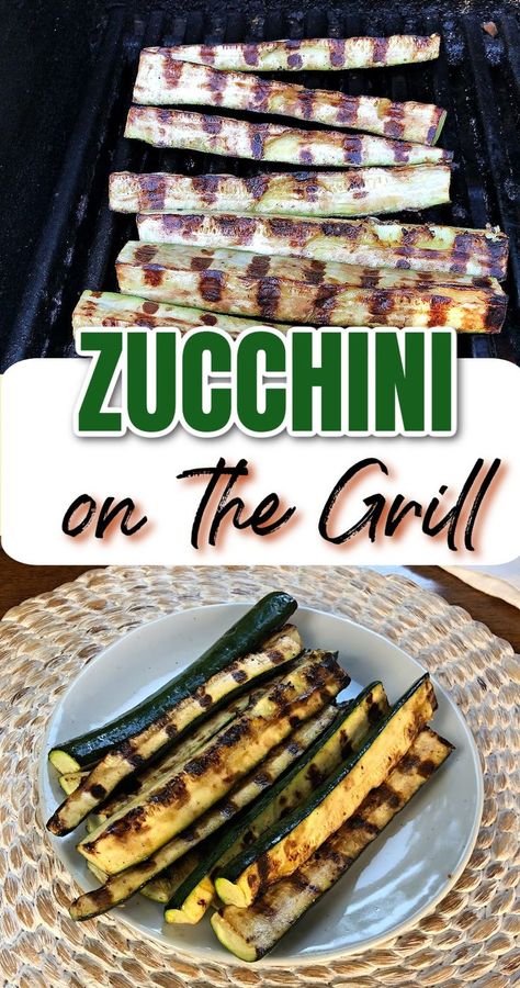 long spears of zucchini cooking on grill grates and then served on a plate. Cookout Veggie Side Dishes, How To Grill Zucchini, Bbq Zucchini, Grill Zucchini, Zucchini Spears, Broccoli Side Dish, Easy Zucchini Recipes, Steak Side Dishes, Mixed Grill