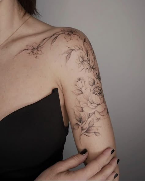 Dainty Flower Tattoos Arm Sleeve, Delicate Tattoo Flower, Floral Shoulder And Arm Tattoo, Light And Airy Tattoo, Shoulder Flower Tattoos For Women Black, Flower Tattoo Designs Arm, Fine Line Tattoos For Women Arm, Shoulder And Collar Bone Tattoos, Fine Flower Tattoo