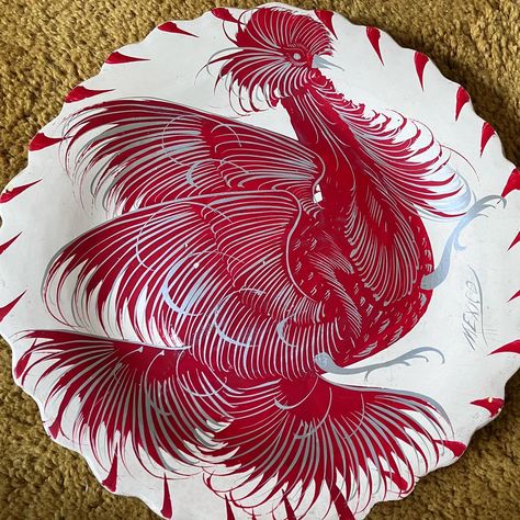 *** Just listed *** Dramatic red rooster in a flurry of motion, hand-painted with specks of silver in a large ceramic plate, designed to hang on the wall or use as an accent piece. Vibrant work of art, made in Mexico, 1950s or so — this was a Hammond estate sale find! https://travelfarnowvintage.etsy.com/listing/1710544196 #redrooster #madeinmexico #vintagemexico #vintageceramics #ceramicwallart Rooster Images, Red Rooster, Ceramic Platters, Ceramic Wall Art, Lodge Decor, Simple Lighting, Light Blue Color, Farmhouse Chic, Ceramic Plates