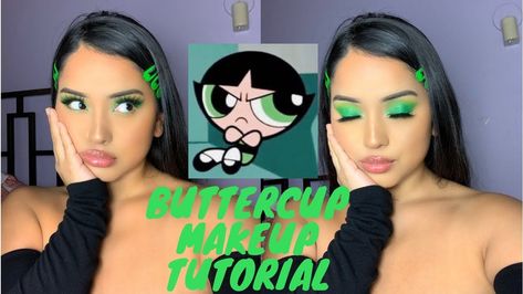 Buttercup Makeup, Power Puff Costume, Powerpuff Girls Makeup, Powerpuff Girls Costume, Creepy Halloween Makeup, Trio Halloween Costumes, Halloween Eye Makeup, Rave Costumes, Rave Makeup