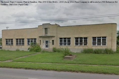 The former Pepsi Company building in Hamilton, Butler County, Ohio, c. 2018. As of 2022 Pepsi-Cola is still located in Hamilton but on Bobmeyer Rd. (Photo shared by Chaps: Citizens for Historic and Preservation Services of Butler County on FB, May 6, 2022.) Hamilton Ohio, Ohio Girls, Company Building, Man Cave Room, Butler County, Ohio History, Great River, Northwest Territories, Pepsi Cola