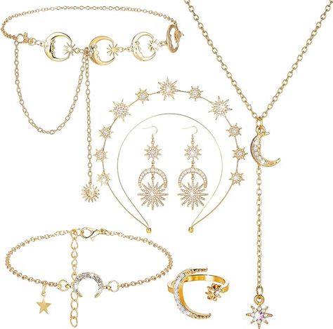 Amazon.com: Glenmal 6 Pcs Star Crown Moon Star Headband Necklace Belt Drop Earrings Bracelet Ring Set for Women Boho Bridal Wedding (Gold): Clothing, Shoes & Jewelry Moon Goddess Costume, Moon Costume, Moon Accessories, Tiaras Jewellery, Halo Crown, Star Headband, Moon And Star Earrings, Wedding Gold, Women's Jewelry Sets