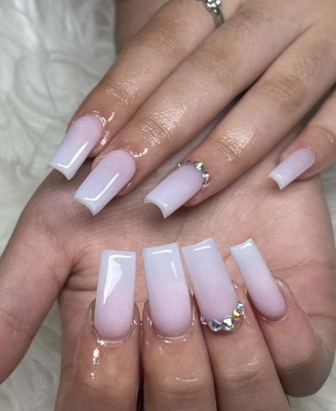 Short Acrylics With Gems, White And Pink Ombre Nails With Jewels, Ombré Nails With Gems, Pink And White Ombré Nails, White Ombré Nails, Nails With Gems, Ombré Nails, Short Acrylics, Pink Ombre Nails