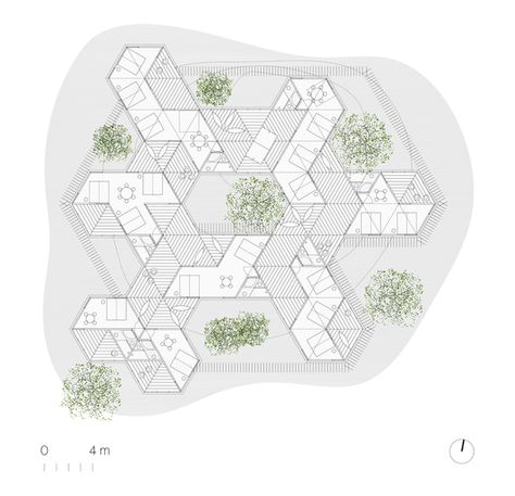 Planta Piso General Hexagonal Architecture, Module Architecture, Module Design, Urban Design Concept, Architecture Concept Drawings, Hexagon Design, Graduation Project, Architecture Presentation, Green Roof