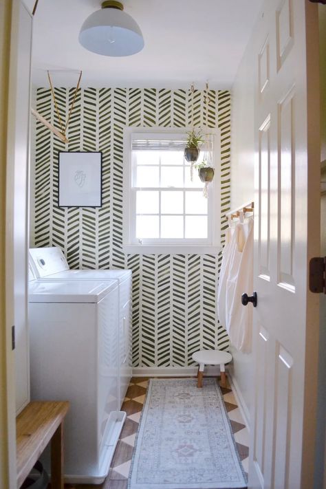 Laundry Room With Plants, Geometric Wall Stencil, Laundry Room/mudroom, Large Wall Stencil, Wall Stencil Patterns, Room Accent Wall, Gallon Of Paint, Plywood Flooring, Accent Wall Paint