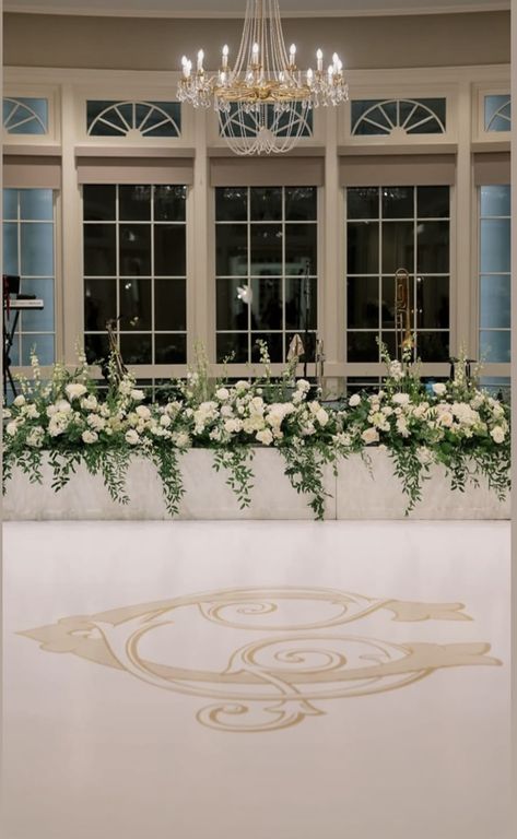 Florals In Front Of Stage Wedding, Stage Facade, Wedding Dance Floor Floral Installation, Overhead Floral Installation Wedding, White Floral Stage Decor, Marquee Floral Installation, Wedding Stages, 2025 Wedding, Real Real