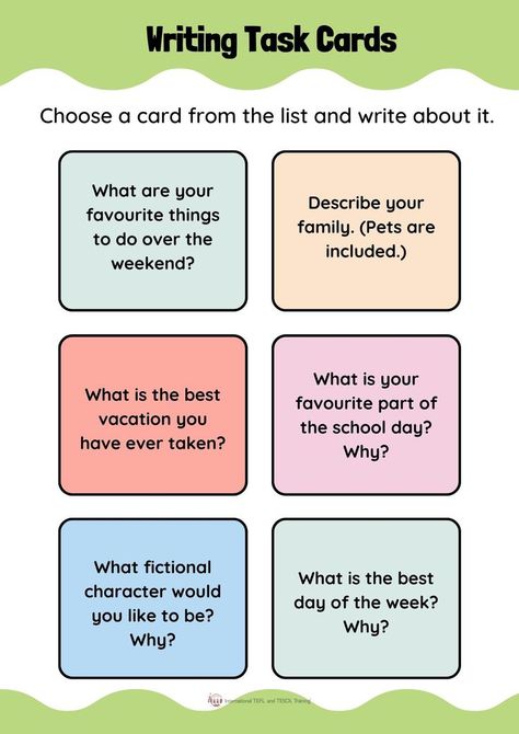 This is a great EFL activity where students choose a card from the list and write about it. Speech Topics For Kids, School To Do List Printable, School To Do List, Esl Writing, English Conversation For Kids, Teach English Online, To Do List Printable, English Teaching Materials, English Grammar Book