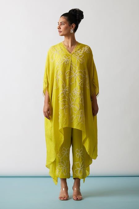 Buy Yellow Kaftan Viscose Silk Hand Embroidered Floral Asymmetric And Pant Set For Women by One Not Two Online at Aza Fashions. Yellow Kaftan, Wedding Guest Ideas, Coord Sets, Applique Work, Womens Trendy Dresses, Fashion Tops Blouse, Contemporary Clothing, Dream Wedding Ideas Dresses, Elegant Dresses For Women