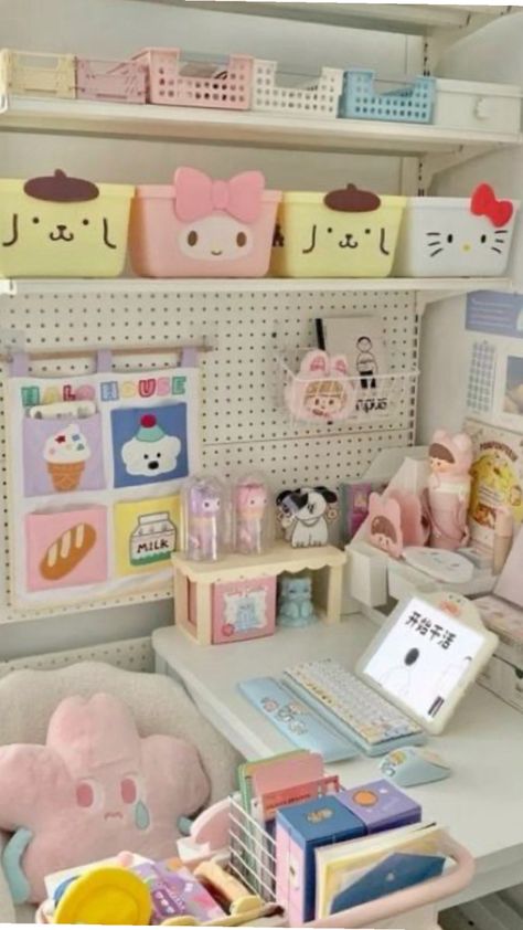 Sanrio desk / kawaii Sanrio Desk, Desk Kawaii, Cute Sanrio, Room Makeover Inspiration, Room Makeover, Cute Stuff, Home Office, Desk, Kawaii