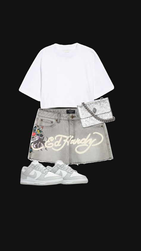 shirt - any white tee. skirt - ed hardy skirt. purse - kurt mini bag. shoes - low dunks (maybe grey) Off White Dunks Outfits, Ed Hardy Outfit, Baddie Ideas, Dunk Outfit, Dunks Outfit, Low Dunks, Fly Outfit, Cute Couple Outfits, School Fit