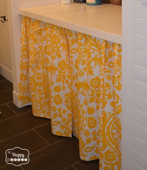 No-Sew Curtain for the laundry room at thehappyhousie. I like the idea of having a place to stash things under the folding counter that you want to be able to grab easily. Diy Kitchen Curtains, Room Storage Diy, Laundry Room Doors, No Sew Curtains, Laundry Room Diy, Laundry Room Storage, Home Curtains, Rod Pocket Curtains, Room Storage