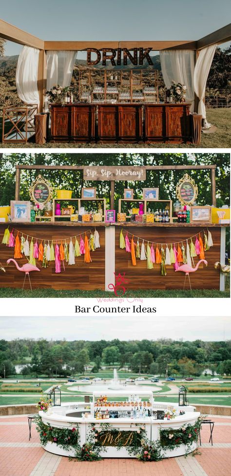 Leave your guests highly impressed by installing these bar decor ideas on your big day.#bar #bardecor #barcounter #weddings #weddingdecor #weddingdecorideas #decor #decorinspiration #barideasforweddings #indianweddings #classybardecorideas #barcounter #uniquebarcounterideas #backyardweddingdecor #natureweddingdecor #dessertbarideas Bar Counter For Wedding, Bar Counter Decor Ideas, Food Counter Decor Wedding, Wedding Food Counter, Wedding Bar Decor Ideas, Live Counter, Bar Decor Ideas, Wedding Bar Decor, Counter Decor Ideas