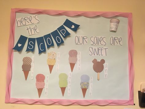 Created for Red Door Spa’s upcoming gift card promotion to track our sales! Really proud of how this turned out 🥰 “Here’s the scoop, our sales are sweet!” Ice cream bulletin board Ice Cream Door Decs, Ice Cream Classroom Theme Bulletin Boards, Ice Cream Themed Bulletin Board, Ice Cream Door Decoration, Here's The Scoop Bulletin Board, Ice Cream Door Decorations Classroom, Ice Cream Bulletin Board Ideas, Ice Cream Bulletin Board, Staff Bulletin Boards