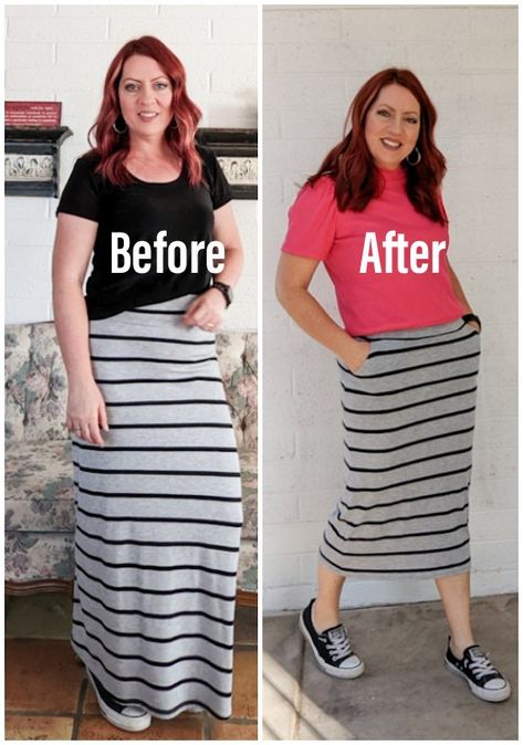 Maxi Skirt Refashion, Skirts With Tshirts Outfit, 2023 Maxi Skirt, Striped Maxi Skirt Outfit, Tshirt Skirt Outfit, Diy Midi Skirt, How To Make A Skirt, Skirts With Sneakers, Straight Maxi Skirt