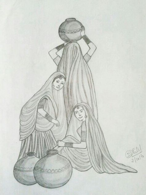 Village women (panihari) drawing... Landscape Drawing Pencil, Drawing Pencil Sketches, Village Drawing, Pencil Sketches Easy, Easy Landscape, Landscape Pencil Drawings, Shading Drawing, Girl Drawing Sketches, Pencil Shading