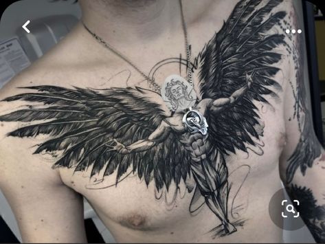 Men With Wings, Chest Tattoo Wings, Alas Tattoo, Wing Tattoo Men, Archangel Tattoo, Throat Tattoo, Cool Chest Tattoos, Chest Piece Tattoos, Back Tattoos For Guys