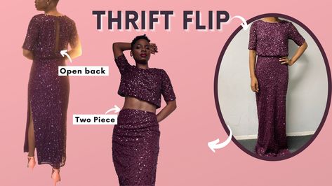 DIY Thrifted dress transformation into two piece sequin two piece outfit Dress Into Two Piece Diy, Sequin Two Piece Outfit, Dress Thrift Flip, Dress Transformation, Dress Thrift, Sequin Two Piece, Thrift Flip Clothes, Local Thrift Stores, Thrift Flip