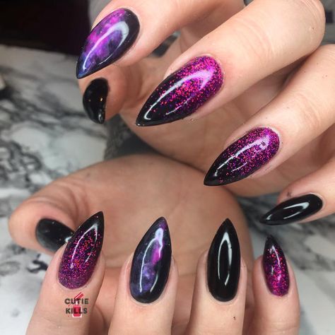 • COSMIC • Cosmic Nail Art, Mystical Nails, Black And Purple Nails, Cosmic Nails, Witch Nails, Random Products, Nail Goals, Witchy Nails, Gothic Nails