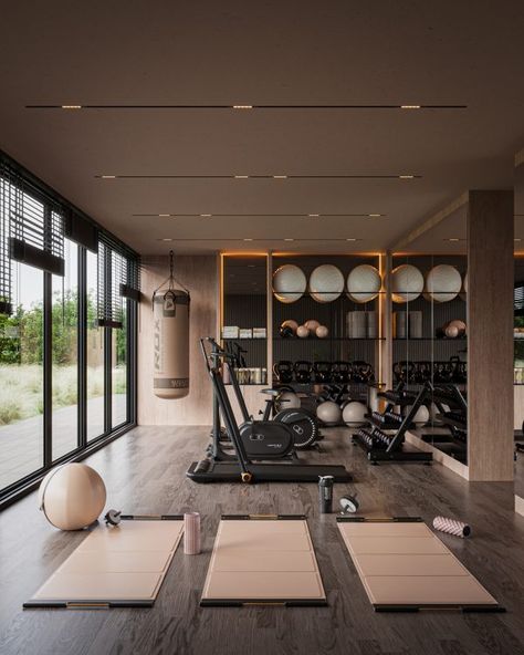 10 Game-Changing Home Gym Design Ideas to Motivate Your Workouts Home Gym And Spa, French House Interior, Home Gym Interior, Sport At Home, Barn Gym, Concrete House Design, Gym House, One Bedroom Apartments, Modern Hacienda