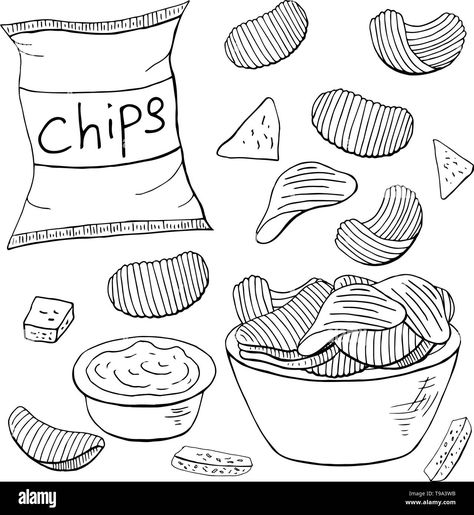 Download this stock vector: Outline chips collection on white background. Vector different chips elements - T9A3WB from Alamy's library of millions of high resolution stock photos, illustrations and vectors. Bag Of Chips Tattoo, Potato Chip Drawing, Potato Chip Tattoo, Chip Bag Drawing, Chips Drawing Easy, Bag Of Chips Drawing, Chips Doodle, Chips Tattoo, Snacks Drawing