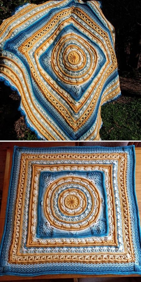 Mandala Crochet Blanket Free Pattern, Crochet Granny Blanket, Crochet Blanket Girl, Blue Crochet Blanket, Crochet Blanket Tutorial, Granny Blanket, Blanket Craft, Popular Crochet, Crochet Mandala Pattern