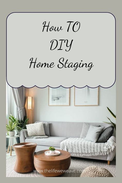 how to diy home staging. grey couch with throw pillows on corners 2 light wood tables in front of couch Office Staging Ideas, Staging A House To Sell On A Budget, Soft Staging Empty House, Home Staging Before And After, Living Room Staging Ideas, Couch Alternatives, Diy Home Staging, Open House Staging, Home Staging Ideas