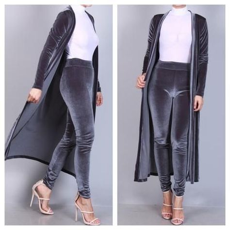 New Clothes Styles For Women, Velvet Duster Coat, Velvet Dress Designs Fashion, Velvet Coat Outfit, Velvet Outfits For Women, Grey Velvet Dress, Velvet Duster, Coat Set, Velvet Dress Designs