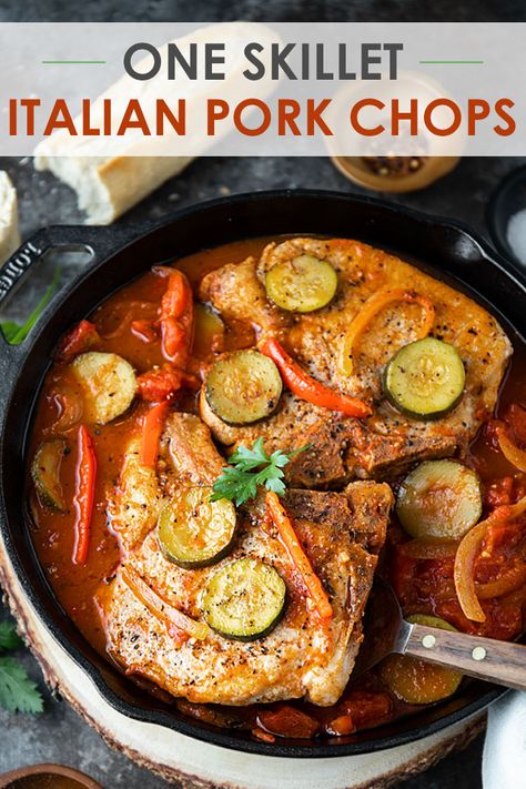 Easy Italian Pork Chops with tomatoes, red peppers, onion and zucchini cooked in ONE SKILLET for easy cleanup! A quick and delicious meal! #porkchops #onepan #easyrecipe Pork Chops With Tomatoes, Impressive Meals, Cubed Pork, Italian Pork Chops, Recipes Filipino, Recipes Korean, Dinner Pork, Italian Pork, Recipes Chinese