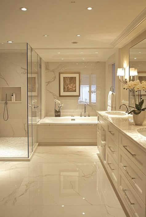 Bathrooms Modern Design, Bathroom Elegant Luxury, Country Modern Bathroom Ideas, Big Bathrooms Ideas, Bathroom Remodel Tile Floor, Mansion Guest Bathroom, New Construction Bathroom Ideas, Transitional Bathroom Design Ideas, Owners Bathroom Ideas