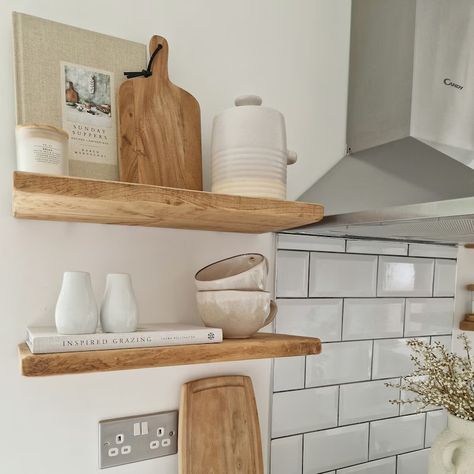 Shaker Kitchen Shelves, Kitchen End Shelves, Floating Shelves Kitchen Styling, White Kitchen Wooden Shelves, Kitchen Wall Shelves Decor, Kitchen Oak Shelves, Wood Shelf Unit, Wooden Kitchen Shelf Ideas, Japandi Kitchen Shelves