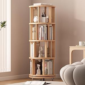 KASLANDI Solid Wood Rotating Bookshelf with Brake Wheels, 360°Display 4 Tier Floor Stackable Spinning Bookshelf Tower for Kids&Adults, Revolving Bookcase for Small Space,Corner (Natural) Spinning Bookshelf, Rotating Bookshelf, Revolving Bookcase, Small Space, Spinning, Bookcase, Solid Wood, Tower, For Kids