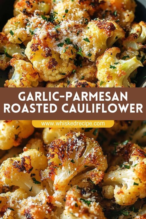 Roasted Garlic-Parmesan Cauliflower Recipe: Make this simple Garlic-Parmesan Roasted Cauliflower for a delicious and healthy side! The combination of roasted garlic, Parmesan, and tender cauliflower will make it a dinner table favorite. Perfect with chicken, pasta, or steak! Easy Cooked Vegetables, Quick Keto Sides, Tasty Sides For Dinner, New Healthy Recipes For Dinner, Stuffed Cauliflower Head, Tasty Clean Eating Recipes, Parmesan Crusted Cauliflower Roasted, Uses For Roasted Garlic, Cauliflower And Brussel Sprout Recipes