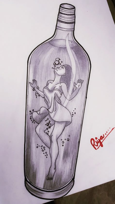 Drinking Drawing Alcoholic, Alcoholic Drawing, Liquor Drawing, Message In A Bottle Drawing, Cherries Painting, Mermaid Tattoo Designs, Pencil Drawing Images, Abstract Pencil Drawings, Body Image Art