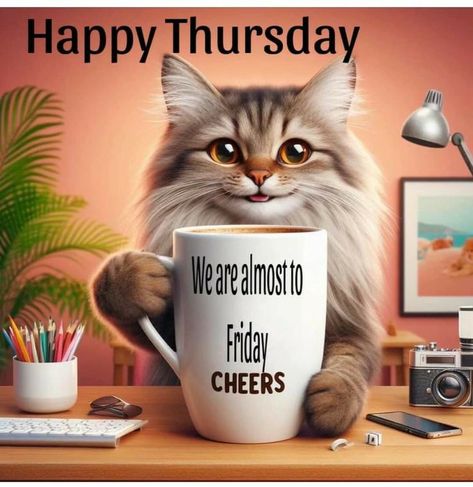 Coffee Thursday Funny, Work Vibes, Thursday Greetings, Facebook Engagement Posts, Happy Thursday Quotes, Happy Day Quotes, Thursday Quotes, Facebook Engagement, Cat Art Print