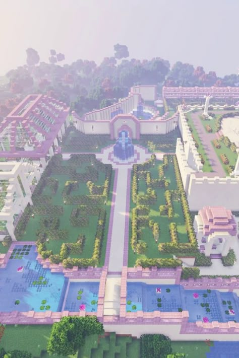 Minecraft Purple, Description Ideas, Building A Garden, Hedge Maze, Minecraft Kingdom, Minecraft Garden, Fountain Pond, Rumah Minecraft Sederhana, Minecraft Mansion