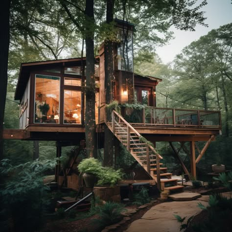 Real Tree House Homes, Tree House Homes, Tree House Aesthetic, Tree Houses, Cozy Cabin Aesthetic, Adult Tree House, Luxury Tree Houses, Sloping Lot House Plan, Beautiful Tree Houses