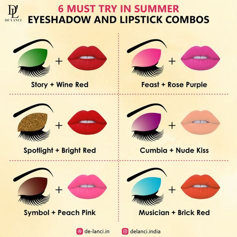 6 Must- Try  Summer Lipstick Combos, Face Makeup Guide, Conturing Makeup, Quick Eye Makeup, Eyeshadow Styles, Glossy Lips Makeup, Makeup Charts, Vibrant Makeup, Makeup Pictorial