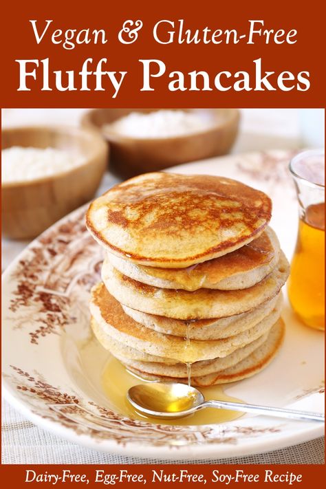 Vegan Pancake Recipe, Vegan Gluten Free Pancakes, Egg Free Pancakes, Vegan Pancake, Dairy Free Pancakes, Vegan Pancake Recipes, Soy Free Recipes, Gluten Free Flour Blend, Gluten Free Pancakes