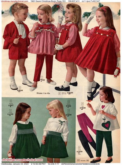 1961 Sears Christmas Book, Page 153 - Catalogs & Wishbooks Vintage Kids Fashion, Vintage Clothes Patterns, Vintage Girls Clothes, Vintage Childrens Clothing, Vintage Kids Clothes, Christmas Book, Vintage Kids, 1960s Fashion, Moda Vintage