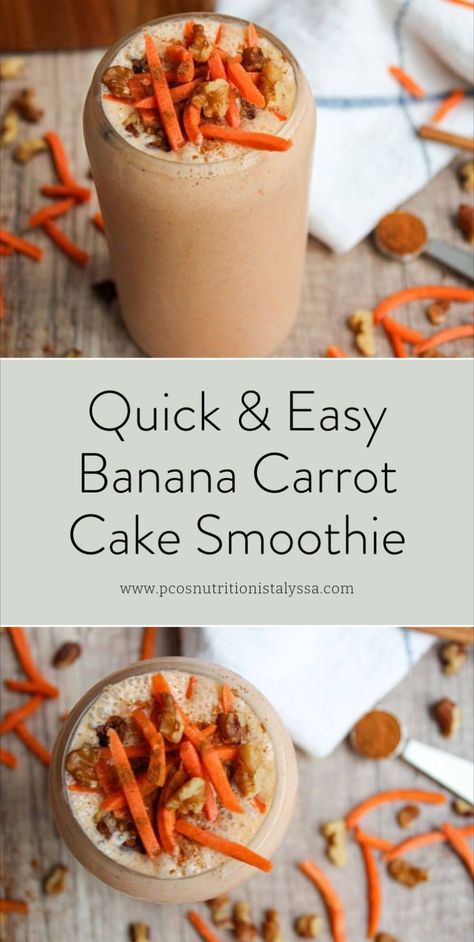 Enjoy the best carrot smoothie for a healthy start to your day. This carrot cake smoothie combines banana and cinnamon for a delicious taste. It's a healthy breakfast smoothie that's hormone healthy, perfect as a carrot smoothie for hormones. Ideal for smoothies for PCOS. Carrot Banana Smoothie, Vegan Cocktails, Carrot Cake Smoothie, Vegan Drinks Recipes, Carrot Smoothie, Plant Based Recipes Breakfast, Vegan Recipes Plant Based, Vegan Recipes Beginner, Vegan Drinks