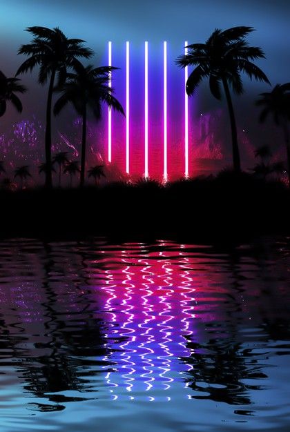 Neon palm tree, tropical leaves. reflect... | Premium Photo #Freepik #photo Tropical Flyer Background, Creative Background Design Graphics, Palm Background, Neon Palm Tree, Tropical Neon, Flyer Background, Tropical Night, Neon Jungle, Green Scenery