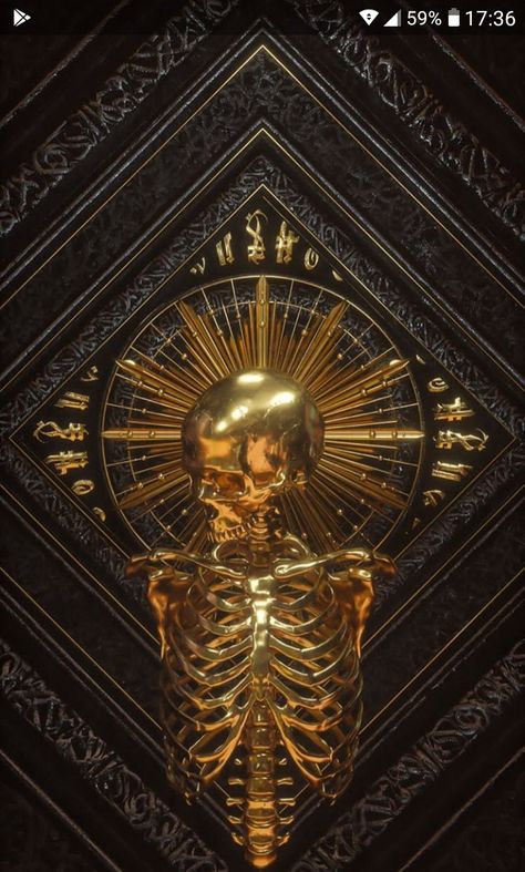 Alchemy Aesthetic Gold, Mc Scorpio, Grim Aesthetic, Tadc Oc, Layout Insta, Om Symbol Art, Skeleton Artwork, Gold Skeleton, Black And Gold Aesthetic