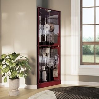 Corner China Cabinet, Corner Curio Cabinet, Corner Curio, Cabinet With Glass Doors, Glass Cabin, Cherry Brown, China Furniture, Magnetic Door, Door Catches