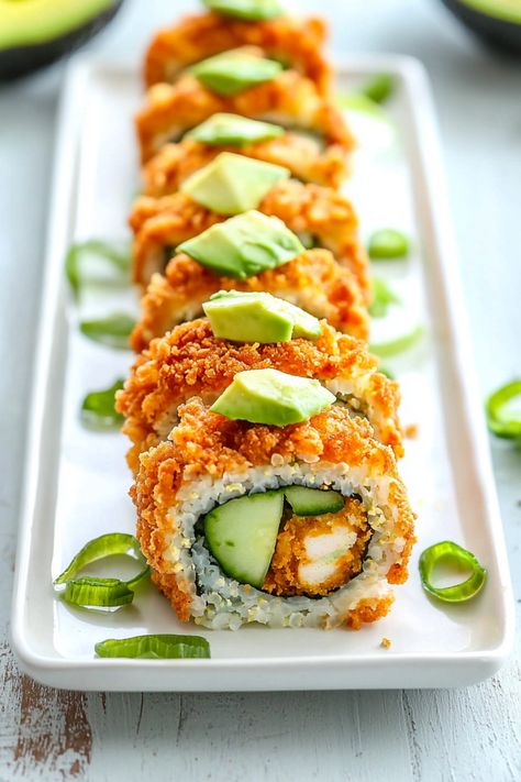 Delicious Keto Fried Chicken and Cauliflower Rice Sushi Recipe You’ll Love #ketodiet #ketorecipes #lowcarb Keto Sushi Recipes, Rice Sushi Recipe, Cauliflower Rice Sushi, Fried Chicken Coating, Chicken And Cauliflower Rice, Low Carb Sushi, Chicken Sushi, Chicken And Cauliflower, Raw Tuna