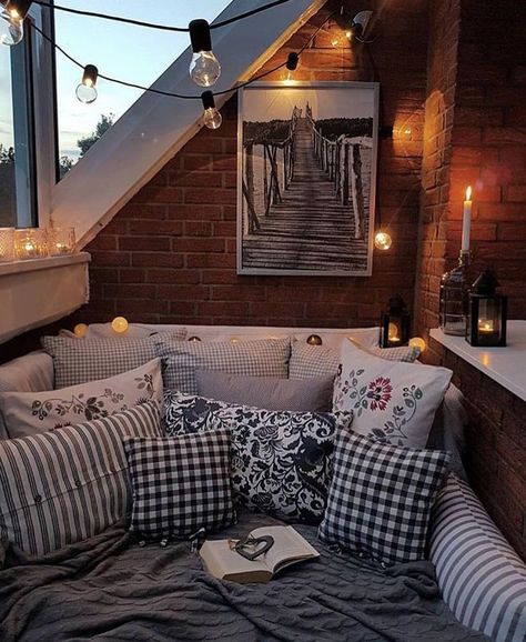 What a cozy reading or cuddle nook this would be!!! the rustic exposed brick wall and the expanse of windows gives it an outdoor feel! -Felicia Window Seat Design, Balkon Decor, Room Deco, Design Del Prodotto, Balcony Design, Lounge Seating, House Goals, Style At Home, Cozy Room