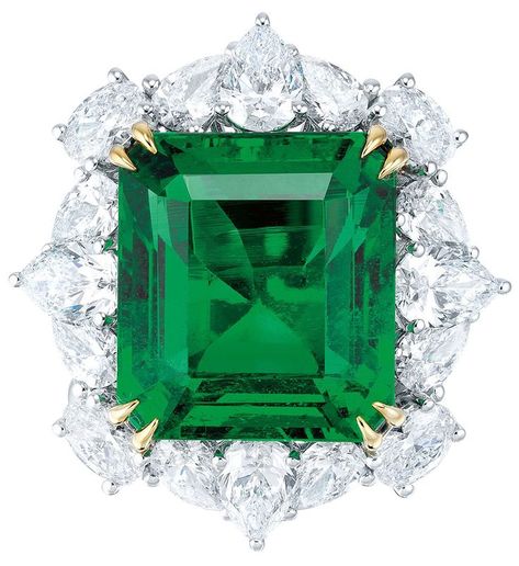 Octagonal step-cut emerald (Zambian, no clarity enhancement) of 16.48 carats, 12 pear and four oval-shaped diamonds, 4.75 carats total, brilliant-cut diamonds, 0.61 carat total, 18K white gold and gold. Emerald And Diamond Ring, Zambian Emerald, Emerald Necklace, Birth Flowers, Diamond Pendant Necklace, Zambia, Brilliant Cut Diamond, Diamond Pendant, Hong Kong